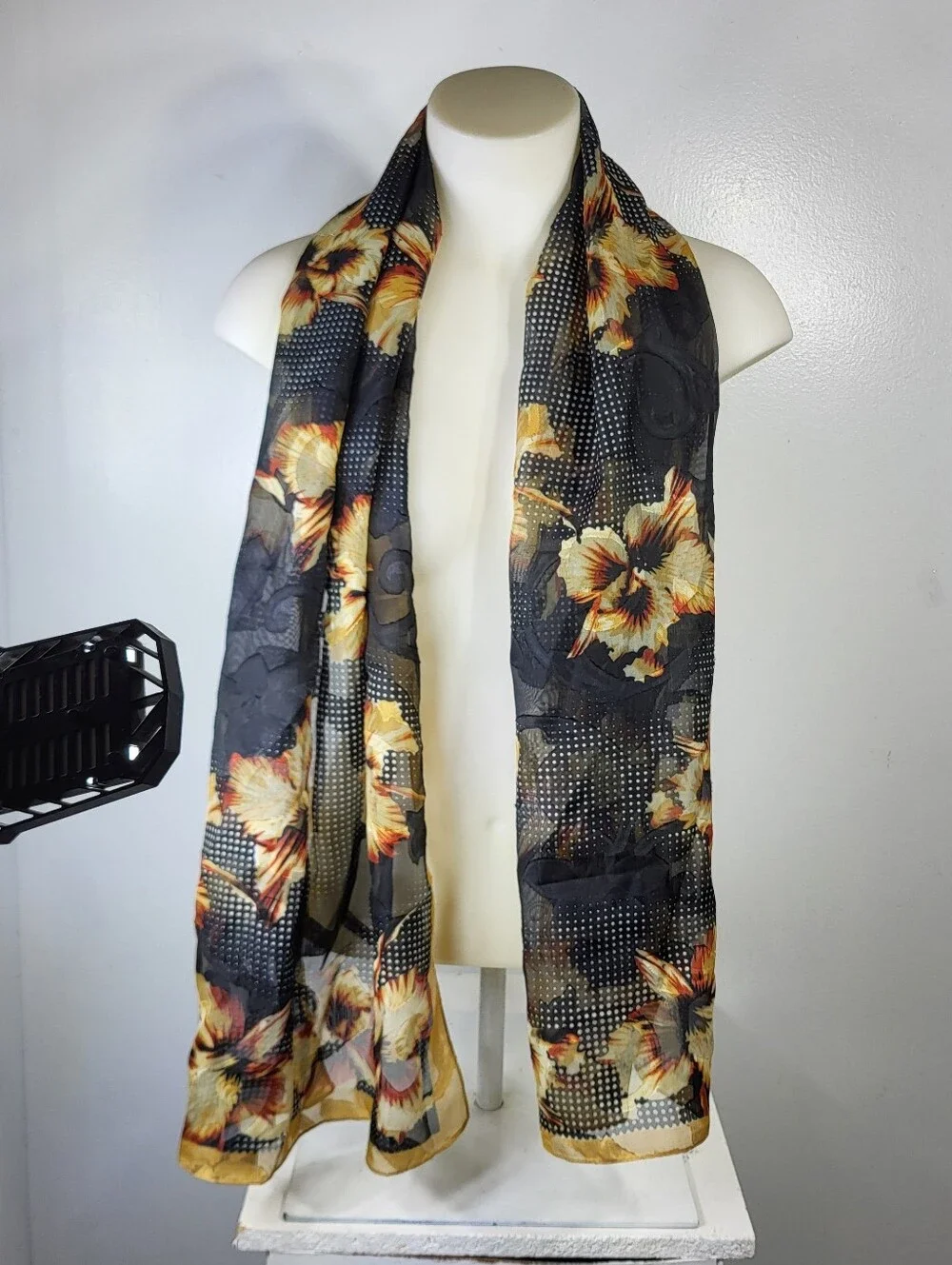 Mosi Silk Touch Black Floral Sheer Scarf with Yellow Accents 64